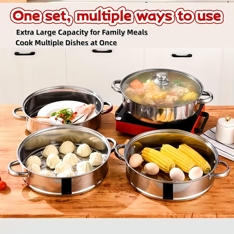 304 Stainless Steel Stackable Steamer Pot with Tempered Glass Lid – 2-Tier or 5-Tier Heavy-Duty Steam Cooker for Dumplings Vegetables Pasta Meat, Home & Commercial