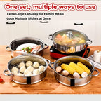 304 Stainless Steel Stackable Steamer Pot with Tempered Glass Lid – 2-Tier or 5-Tier Heavy-Duty Steam Cooker for Dumplings Vegetables Pasta Meat, Home & Commercial