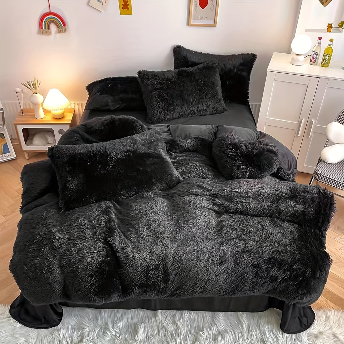 Plush Faux Fur Duvet Cover Set for Kids & Teens, 3/4 Pcs with Pillowcases & Heart Pillow, Super Soft Warm Faux Fur Comforter Cover, Machine Washable Lodge Style Bedding, Twin Queen King