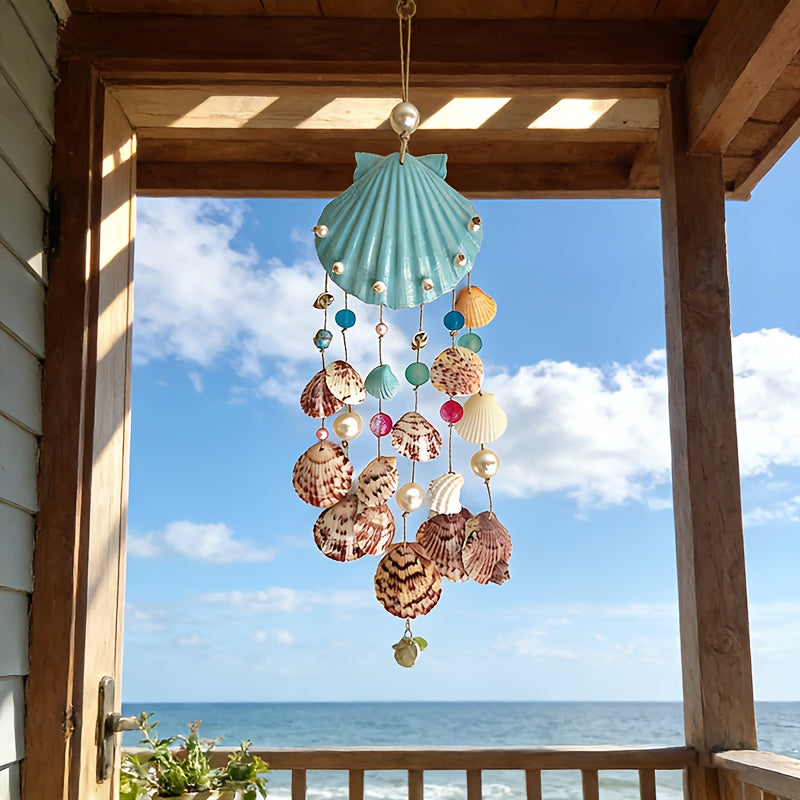 Seashell Wind Chime Coastal Beach Scallop Shell Pearl and Glass Beads Ocean Themed Zen Garden Decoration for Indoor Outdoor Porch Patio Boho Decor