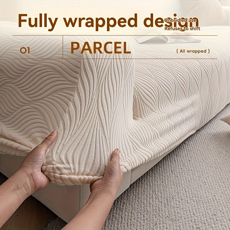 Jacquard Elastic Sofa Cover – Modern Artistic Slip-Resistant Couch Slipcover | All-Season Polar Fleece Furniture Protector for Living Room, Office & Bedroom | Includes Free Pillow Cover | 1-4 Seater