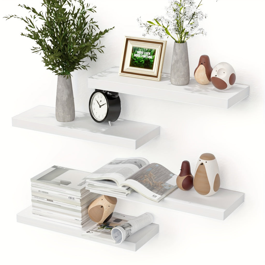 Floating Shelves Wall Mounted Set of 4 – Modern Wall Shelves with Invisible Brackets, Marble Surface Display Shelf for Bedroom, Bathroom, Kitchen & Living Room, Easy No-Drill Install