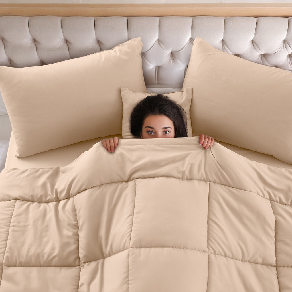 5-Piece Comforter Set – Reversible Quilted Down Alternative Bedding Set with Pillow Shams, Bed Skirt & Cushion | All Season | Twin, Queen, King