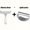 Adjustable Cheese Slicer & Garlic Press 2-Piece Kitchen Tool Set – Metal Blade Adjustable Thickness, Manual Cheese Cutter for Home Cooking