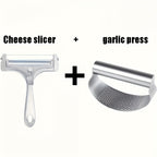 Adjustable Cheese Slicer & Garlic Press 2-Piece Kitchen Tool Set – Metal Blade Adjustable Thickness, Manual Cheese Cutter for Home Cooking