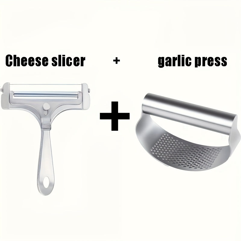 Adjustable Cheese Slicer & Garlic Press 2-Piece Kitchen Tool Set – Metal Blade Adjustable Thickness, Manual Cheese Cutter for Home Cooking