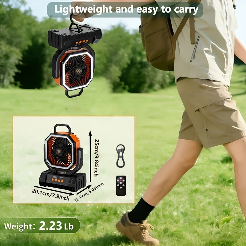 Camping Fan 20000mAh Rechargeable with LED Light, Remote Control, 270° Oscillation & Power Bank – 4 Speeds, 59-Hour Battery, 3 Use Modes