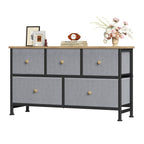 5-Drawer Wide Dresser with Fabric Bins – Freestanding Wood Frame Chest of Drawers, Low Profile Compact Storage Organizer for Bedroom, Hallway, Living Room & Closet, Space-Saving Furniture in Khaki/Green
