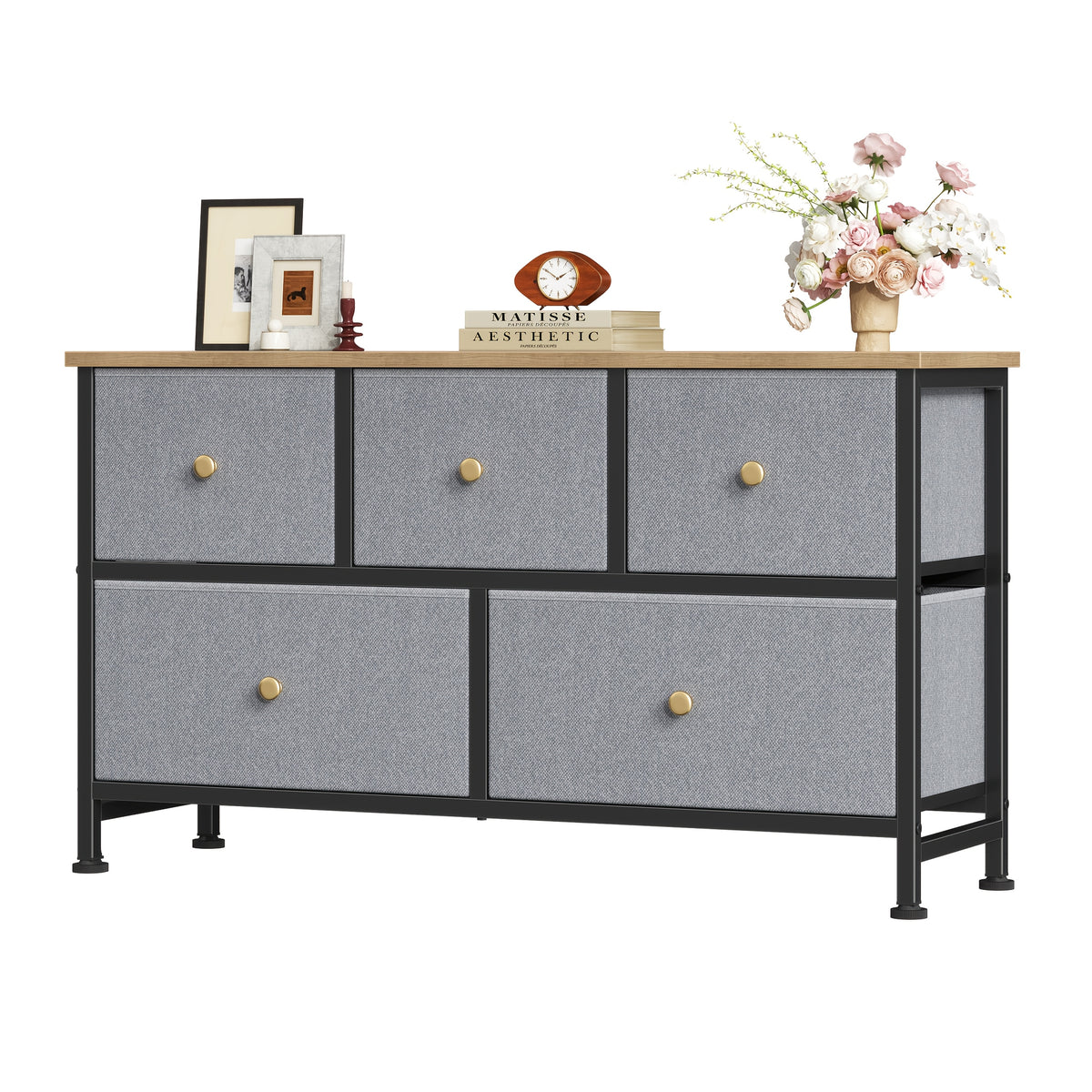 5-Drawer Wide Dresser with Fabric Bins – Freestanding Wood Frame Chest of Drawers, Low Profile Compact Storage Organizer for Bedroom, Hallway, Living Room & Closet, Space-Saving Furniture in Khaki/Green