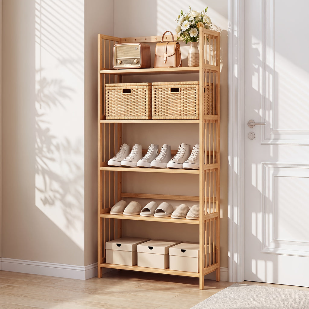 Bamboo Bookshelf Narrow 4 or 5 Tier Adjustable Shelves – Natural Wooden Bookcase Standing Storage Shelf Organizer for Small Spaces, Bedroom, Living Room & Home Office