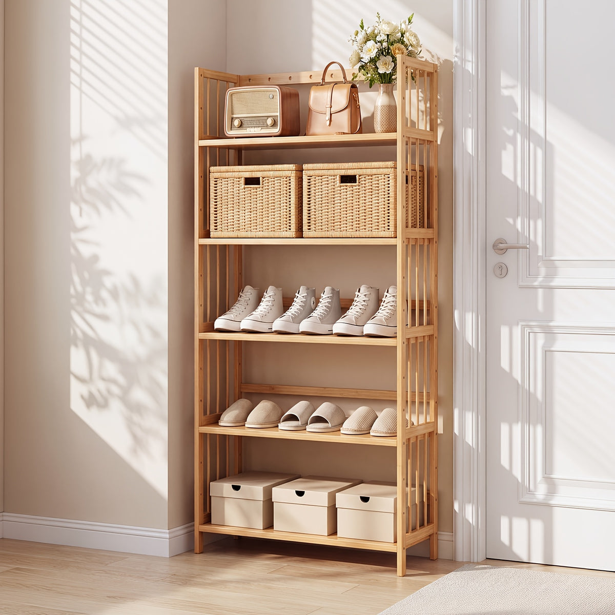 Bamboo Bookshelf Narrow 4 or 5 Tier Adjustable Shelves – Natural Wooden Bookcase Standing Storage Shelf Organizer for Small Spaces, Bedroom, Living Room & Home Office