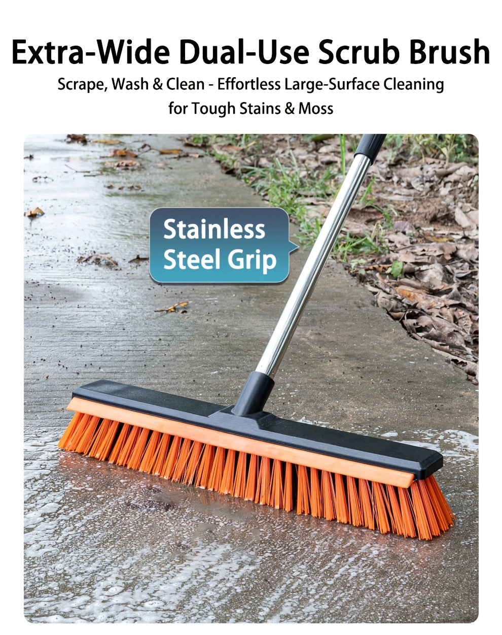 Heavy Duty Outdoor Floor Scrub Brush 10.24" Dual-Purpose with Water Scraper & Stiff Bristles – Hard Broom for Patio, Deck, Driveway & Concrete Cleaning, Home & Commercial Use