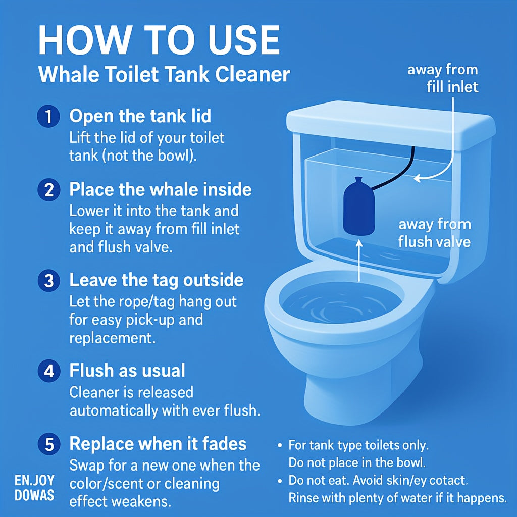 Cute Whale Toilet Tank Cleaner – Automatic Blue Freshener & Deodorizer Tablets, 1200 Flushes, Pine Scent, Fun Bathroom Accessory for Ceramic Toilets – Drop-In Tank Toilet Cleaning Tablet