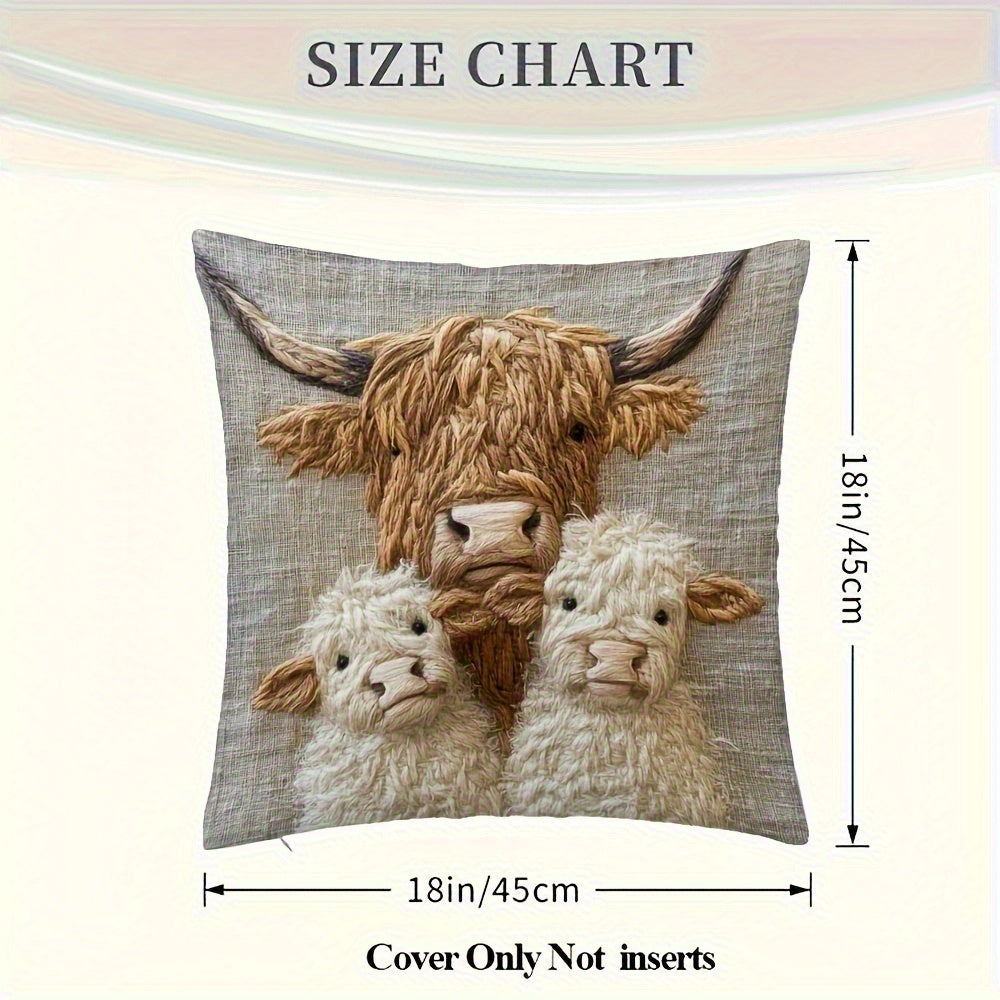 Highland Cow Family Farmhouse Decorative Pillow Cover 18x18 Inch – Soft Polyester Woven Print Cushion Cover with Zipper, Machine Washable, Country Cow Home Decor for Sofa Bed Living Room