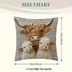 Highland Cow Family Farmhouse Decorative Pillow Cover 18x18 Inch – Soft Polyester Woven Print Cushion Cover with Zipper, Machine Washable, Country Cow Home Decor for Sofa Bed Living Room