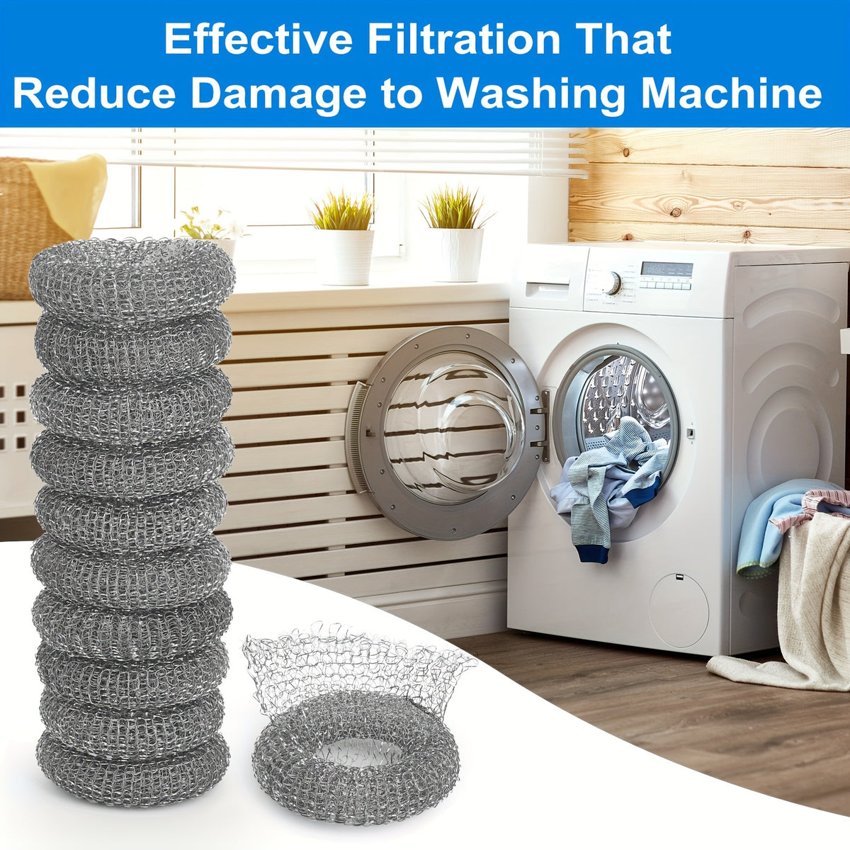 Washing Machine Lint Traps 50-Pack, Stainless Steel Mesh Filter Screen with Nylon Ties for Washer Drain Hose, Lint Catcher Prevents Clogs
