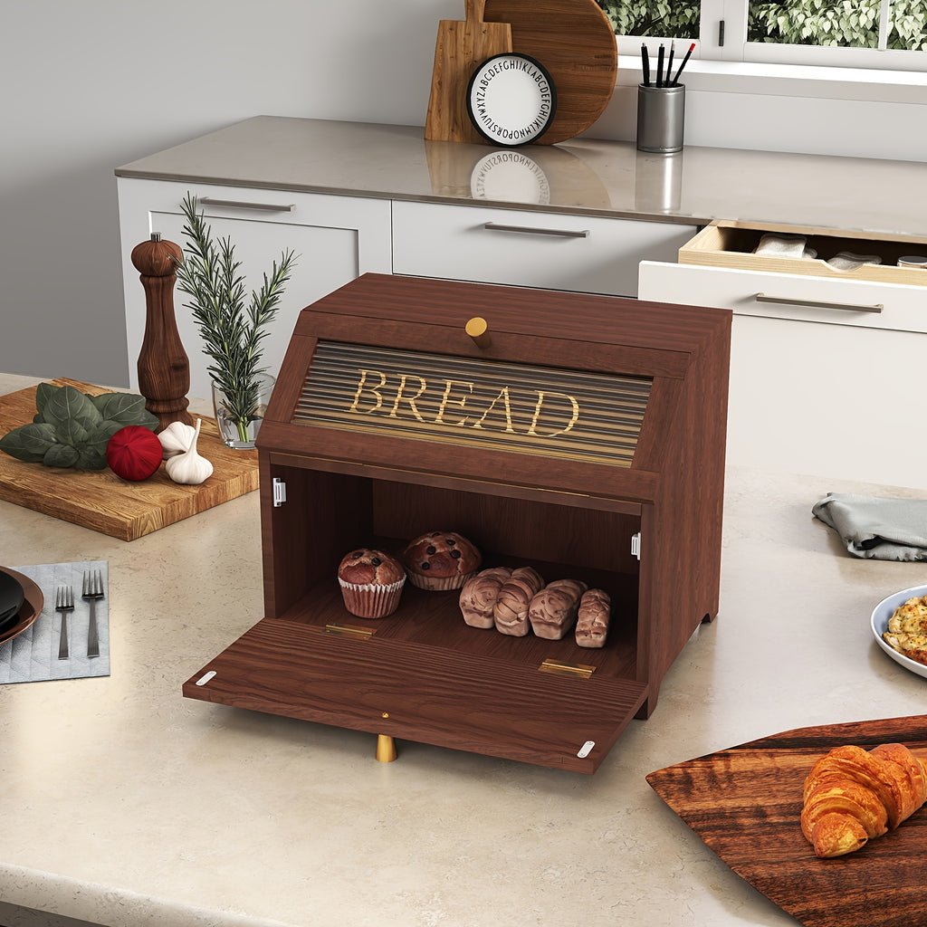 Wooden Bread Box Large Double Layer Flip Top with Golden Trim - Countertop Bread Storage Container for Kitchen Organization, Keeps Bread Fresh, 4 Colors, Great Housewarming Gift