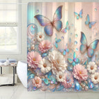 4pcs Flower Butterfly Shower Curtain Set 71x71 Inch with 12 Hooks Anti-Slip Bath Mat Toilet U-Shape Pad & Lid Cover - Complete Bathroom Set | Nuvia Haven