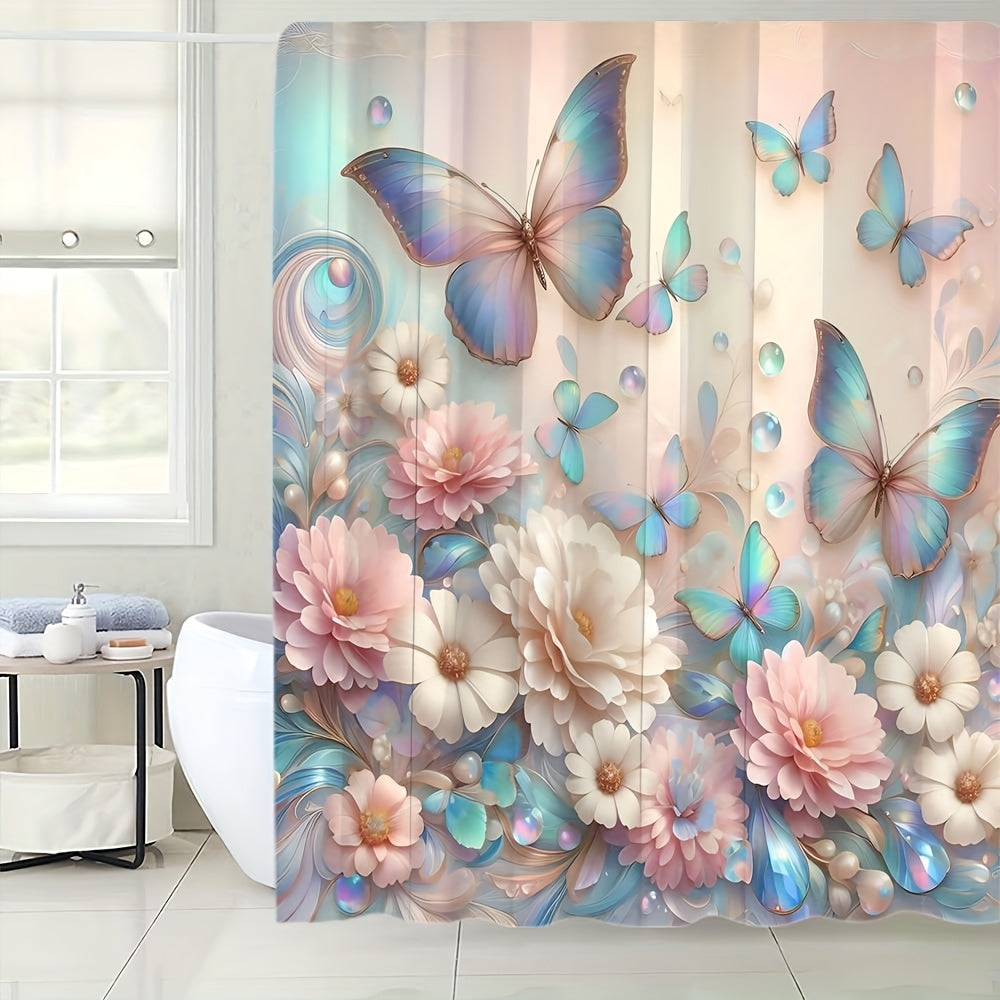 4pcs Flower Butterfly Shower Curtain Set 71x71 Inch with 12 Hooks Anti-Slip Bath Mat Toilet U-Shape Pad & Lid Cover - Complete Bathroom Set | Nuvia Haven