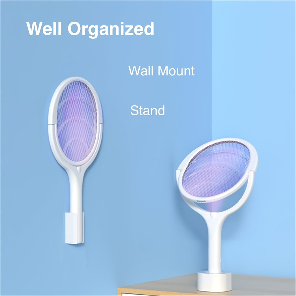 6-in-1 Electric Mosquito Swatter Bug Zapper Racket USB Rechargeable Telescopic Pole 90° Rotating Grid Wall Mount 3-Layer Safety Net UV Light for Indoor Outdoor Camping Patio