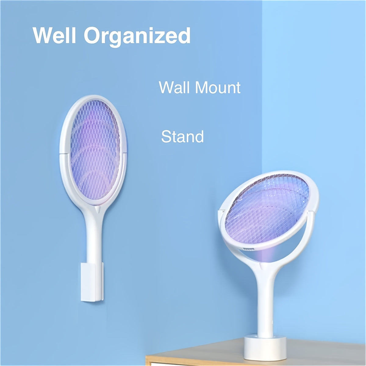 6-in-1 Electric Mosquito Swatter Bug Zapper Racket USB Rechargeable Telescopic Pole 90° Rotating Grid Wall Mount 3-Layer Safety Net UV Light for Indoor Outdoor Camping Patio