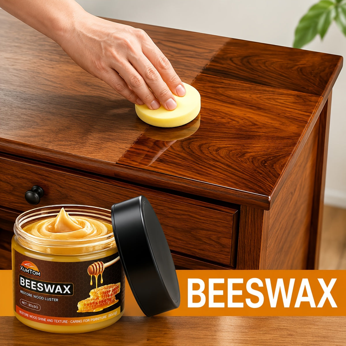 Wood Beeswax Protector Polish with Polishing Sponge – Non-Greasy Formula Boosts Gloss & Durability for Cabinets, Stairs, Cutting Boards & Hardwood Furniture