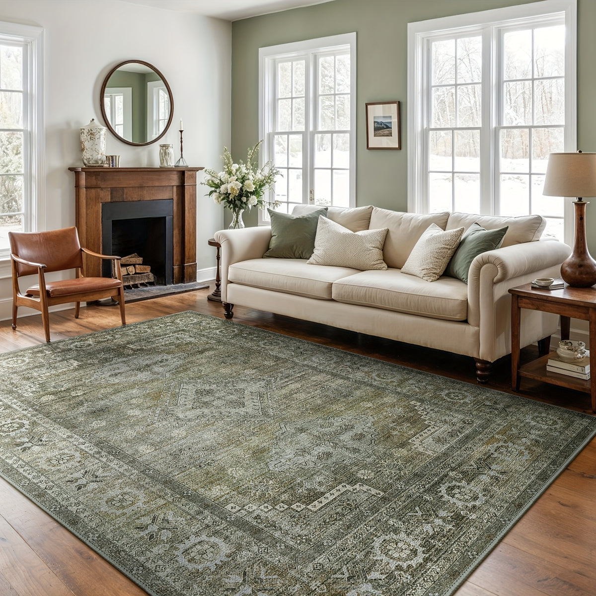 Washable Area Rug Sage Green Vintage Print - Low Pile Non-Slip Backing, Machine Washable Thin Flat Rug for Living Room Bedroom Entryway, Multiple Sizes