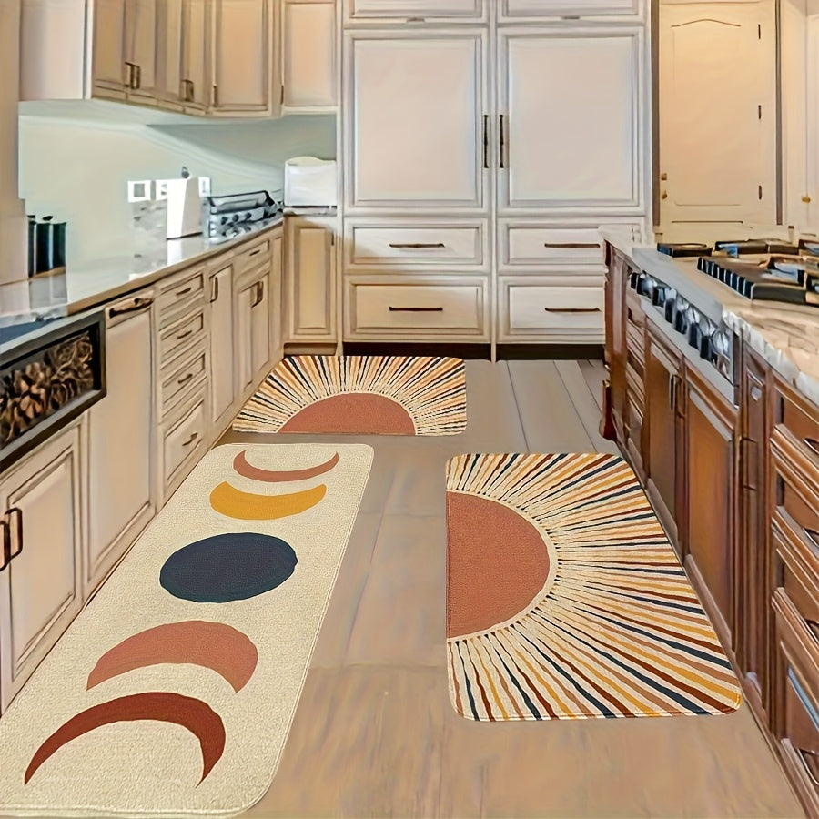 Boho Kitchen Mat Set 2 & 3 Piece Anti-Slip Flannel Retro Bohemian Floor Mats - Soft Comfortable Area Rugs for Kitchen Bathroom Bedroom Living Room Entryway, Easy Clean Indoor Home Decor