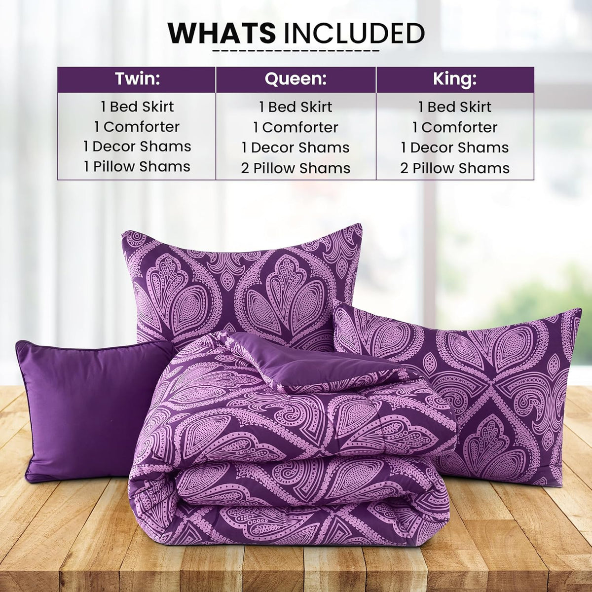 5-Piece Comforter Set – Reversible Quilted Down Alternative Bedding Set with Pillow Shams, Bed Skirt & Cushion | All Season | Twin, Queen, King