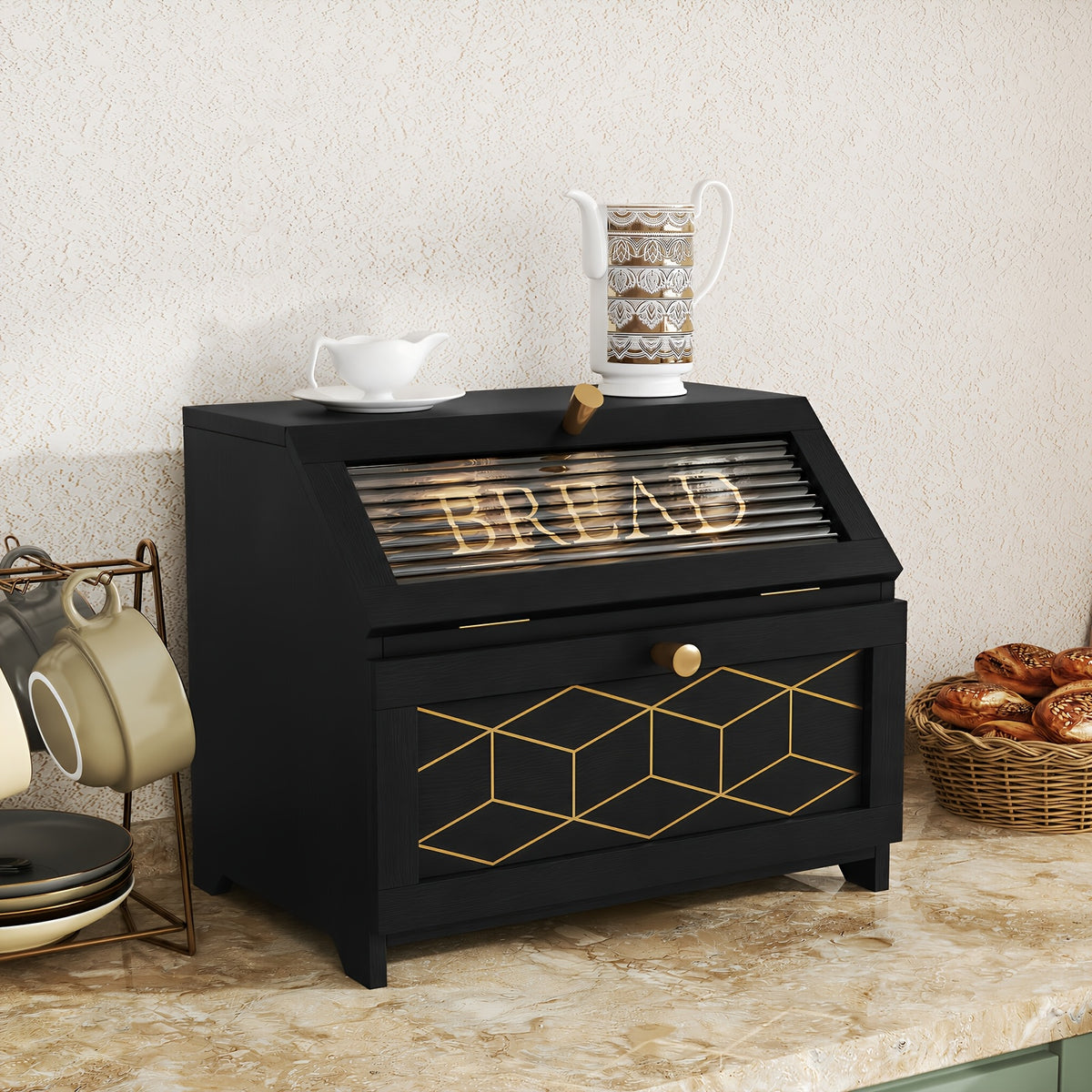 Wooden Bread Box Large Double Layer Flip Top with Golden Trim - Countertop Bread Storage Container for Kitchen Organization, Keeps Bread Fresh, 4 Colors, Great Housewarming Gift