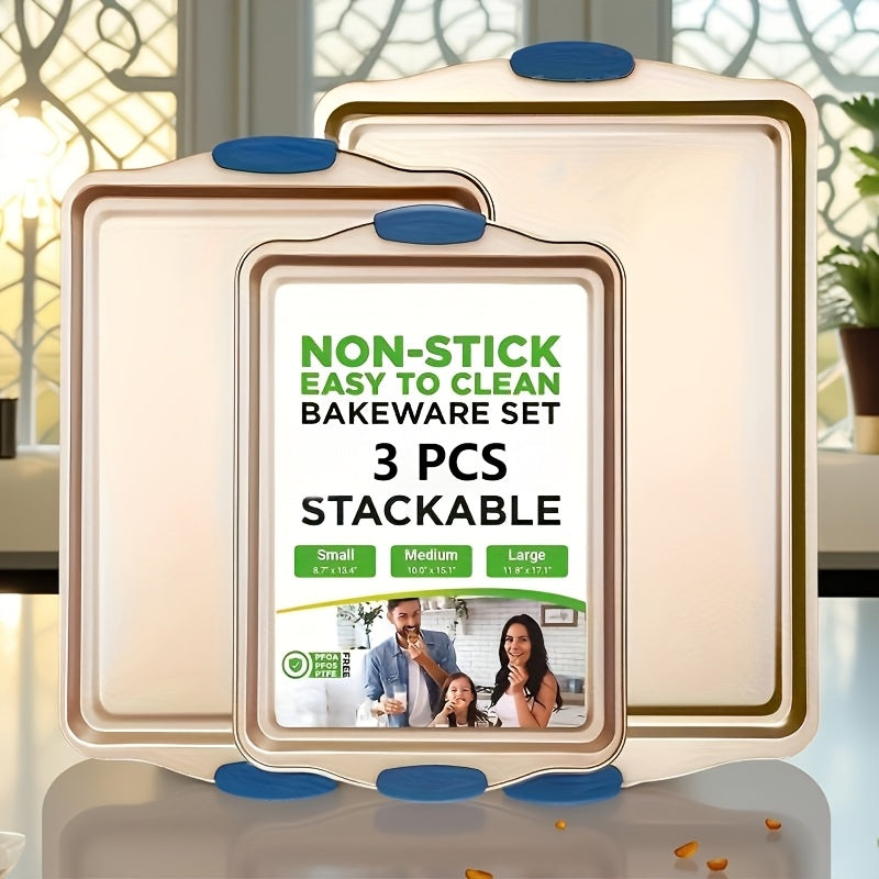 Non-Stick Baking Sheet Set with Silicone Handles – Heavy Carbon Steel Cookie Trays, Stackable, Assorted Sizes, 2/3/6/12/24 Pack for Baking & Roasting