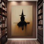 Witch Silhouette Framed Canvas Wall Art – Minimalist Gothic Beige & Black Broomstick Print, Spooky Halloween Decor for Living Room & Bedroom, Multiple Sizes Available