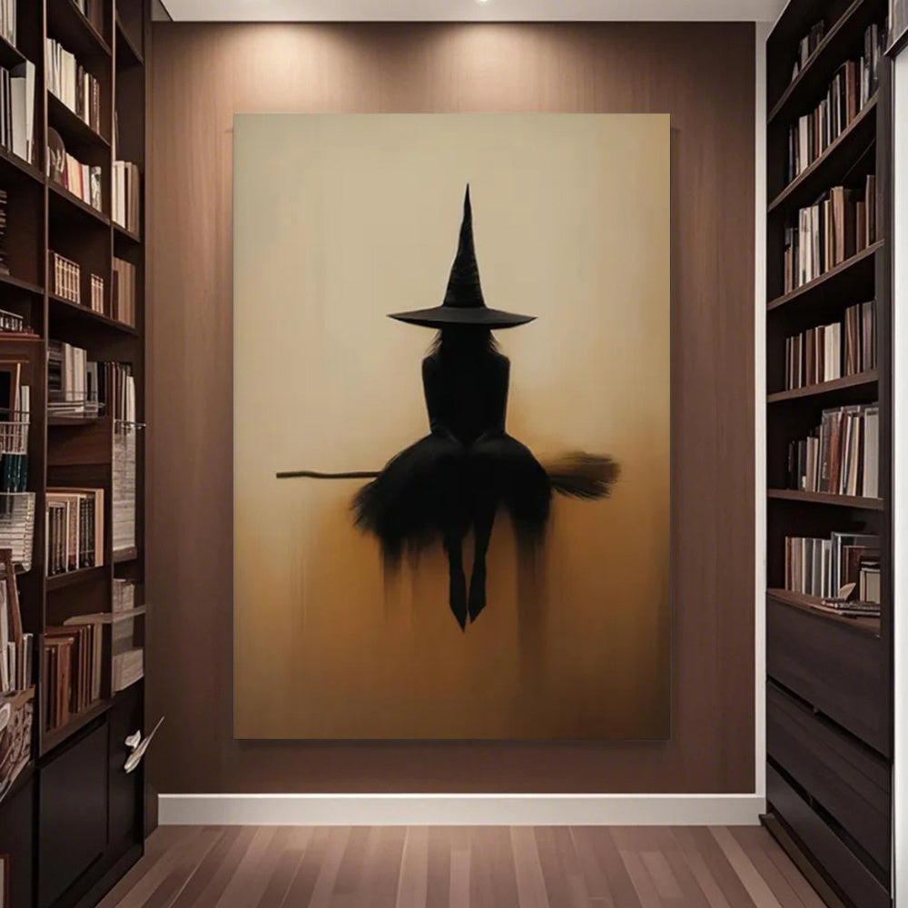 Witch Silhouette Framed Canvas Wall Art – Minimalist Gothic Beige & Black Broomstick Print, Spooky Halloween Decor for Living Room & Bedroom, Multiple Sizes Available
