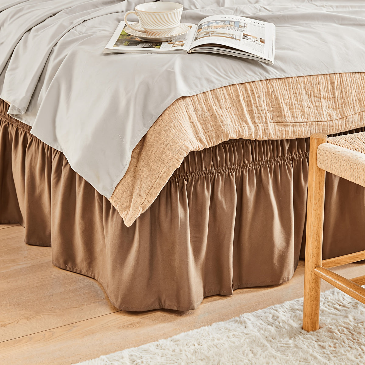 Elastic Wrap Around Bed Skirt No-Lift, 15 Inch Drop Microfiber Dust Ruffle, 30 Fade-Resistant Colors, Machine Washable, Twin Full Queen King Size