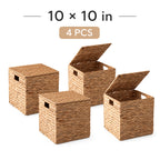 Water Hyacinth Wicker Storage Basket Set 2 or 4 Pack Square Woven Rattan Baskets for Shelves Towels Magazines Kitchen Organization Natural Boho Shelf Bin