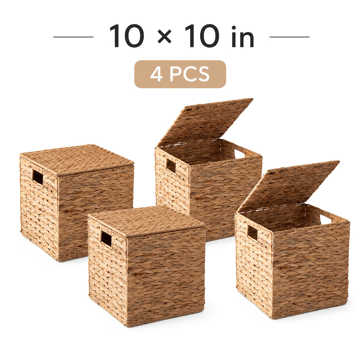 Water Hyacinth Wicker Storage Basket Set 2 or 4 Pack Square Woven Rattan Baskets for Shelves Towels Magazines Kitchen Organization Natural Boho Shelf Bin