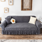 Velvet Jacquard Sofa Slipcover Grey Ruffle Detail Non-Slip Dustproof Stretch Machine Washable All-Season 1 2 3 4 Seater L-Shape Compatible Luxury Couch Cover
