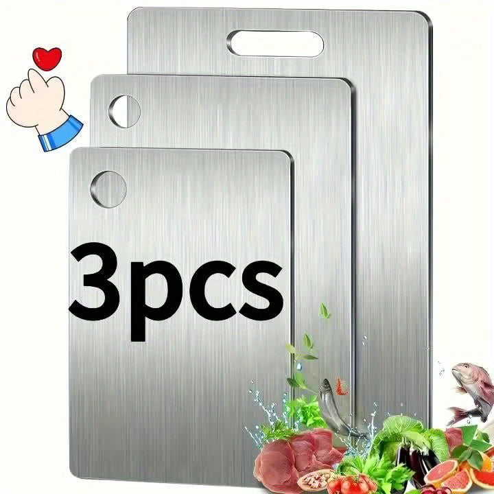 Stainless Steel Cutting Board Set 3 Piece - Dual-Sided SUS304 Metal Chopping Boards Non-Stick Rust-Resistant BPA-Free Portable for Kitchen Camping Picnic, Meat Fruit Vegetables
