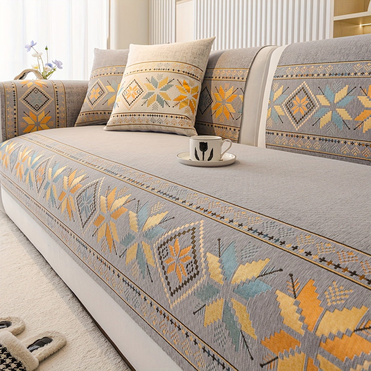 Chenille Sofa Slipcover Non-Slip Removable Couch Cover, 100% Polyester Boho Vintage Style Sofa Towel for 1 to 4-Seater Sofas & Armrests, Four Seasons Universal Home Decor in Dark Gray, Light Gray & Blue
