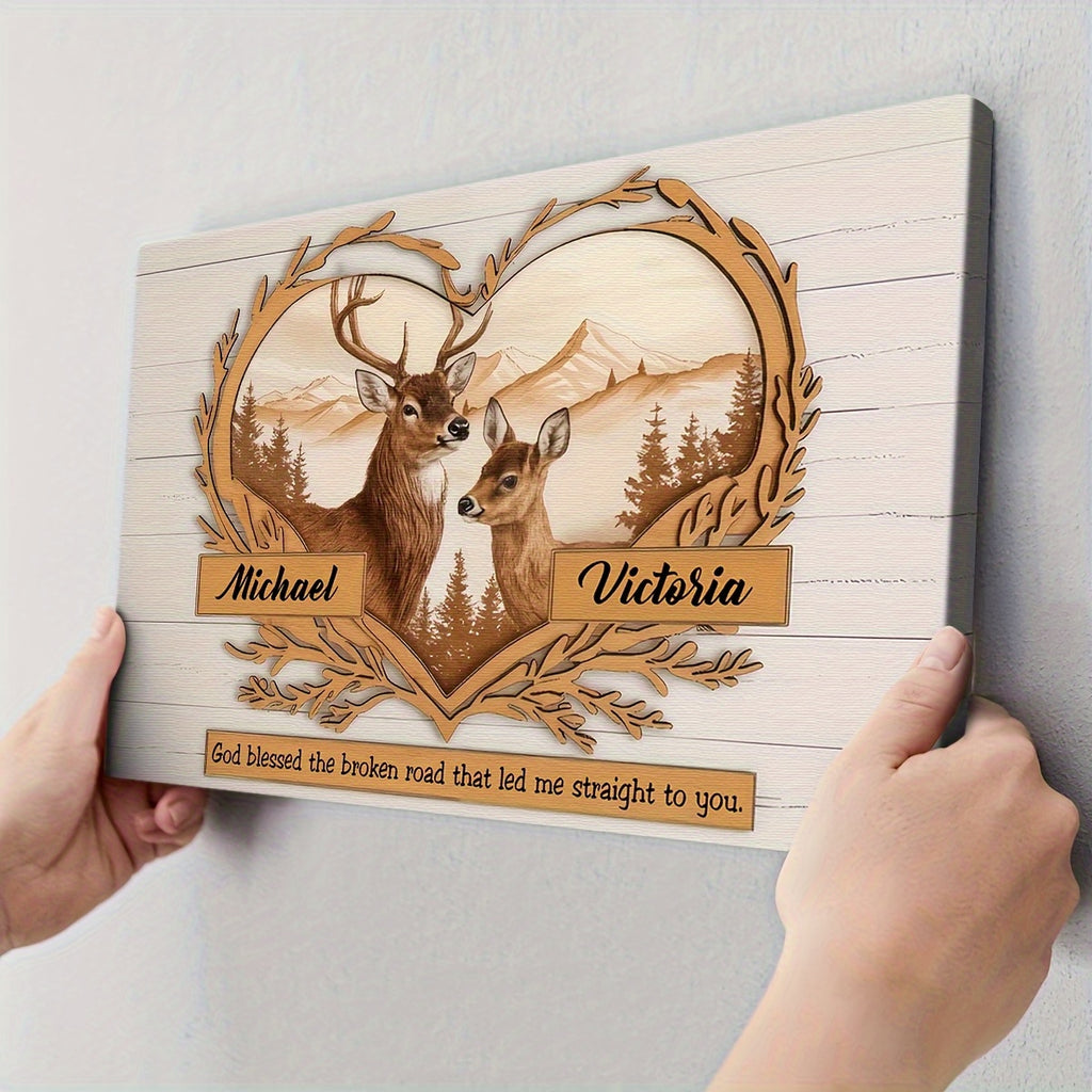 Personalized Couples Canvas Wall Art - Custom Deer & Mountains 2D Flat Print with Two Names, Romantic Gift for Couples, Anniversary Wedding Bedroom Decor