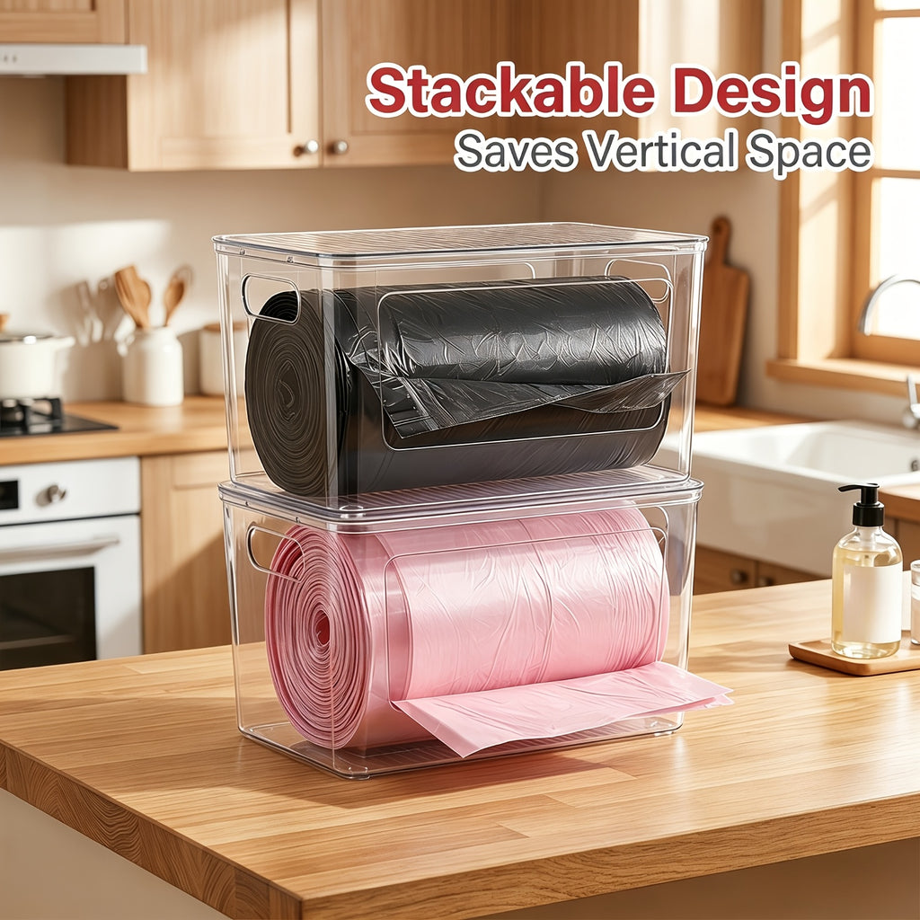 Clear Trash Bag Holder 2-Pack - Stackable Garbage Bag Dispenser for 13/30/33 Gallon Bags, PET Organizer for Under Kitchen Sink, Laundry Room, Pantry & Cabinet Storage