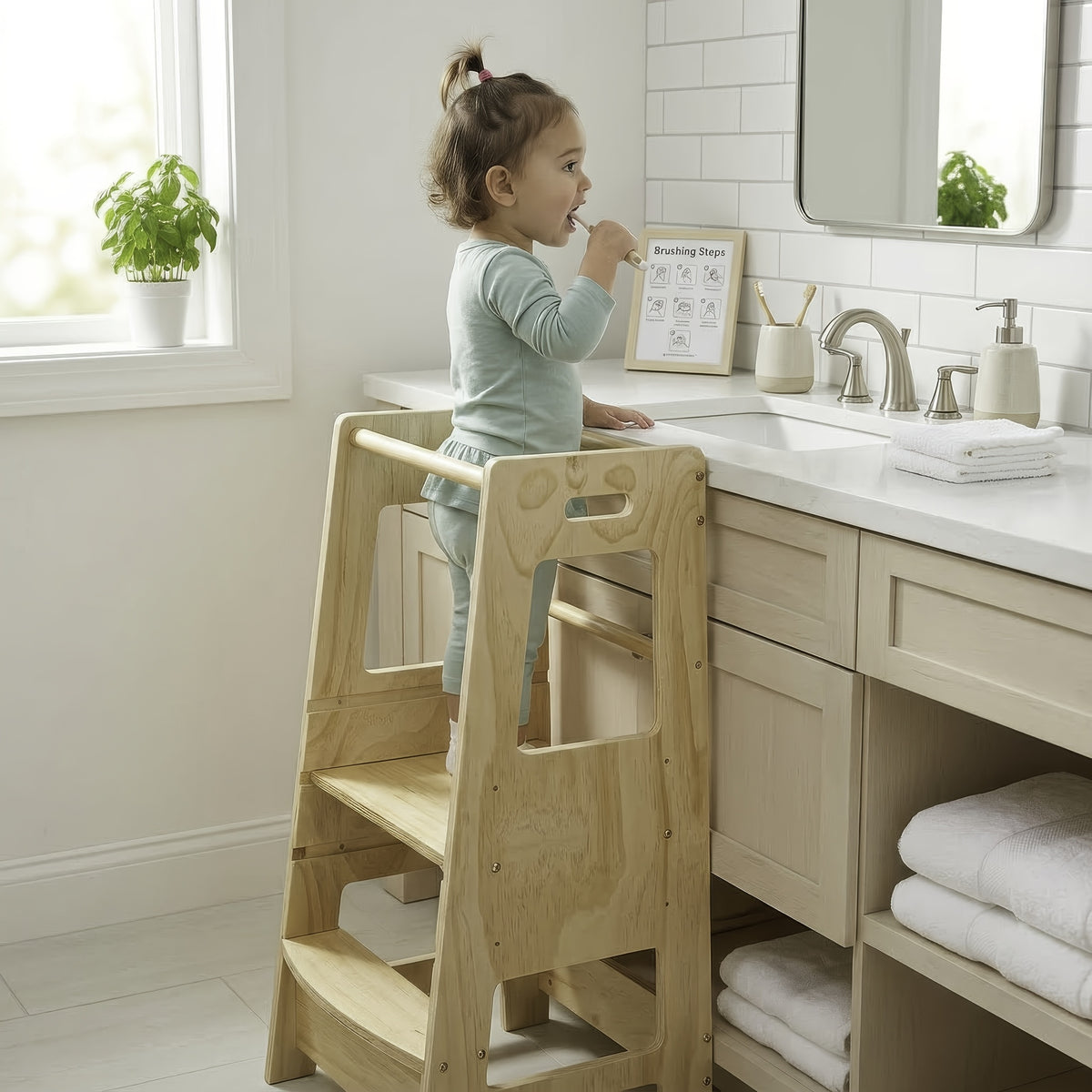 Toddler Learning Tower Kitchen Helper Stool – Safe Standing Step Stool for Kids at Kitchen Counter, Adjustable Height Toddler Tower for Cooking & Learning, Available in Random & Wood Color