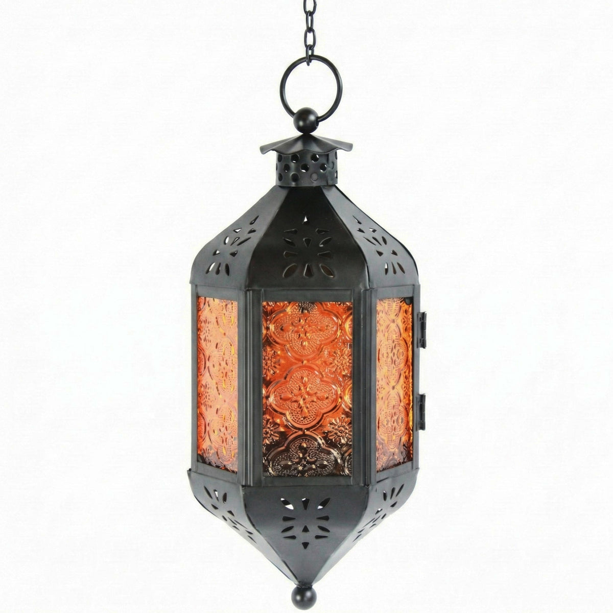 Moroccan Hanging Candle Lantern with Chain – Vintage Boho Style Iron & Glass Tealight Holder for Home, Patio, Garden, Wedding & Ramadan Decor (23.5" Overall)