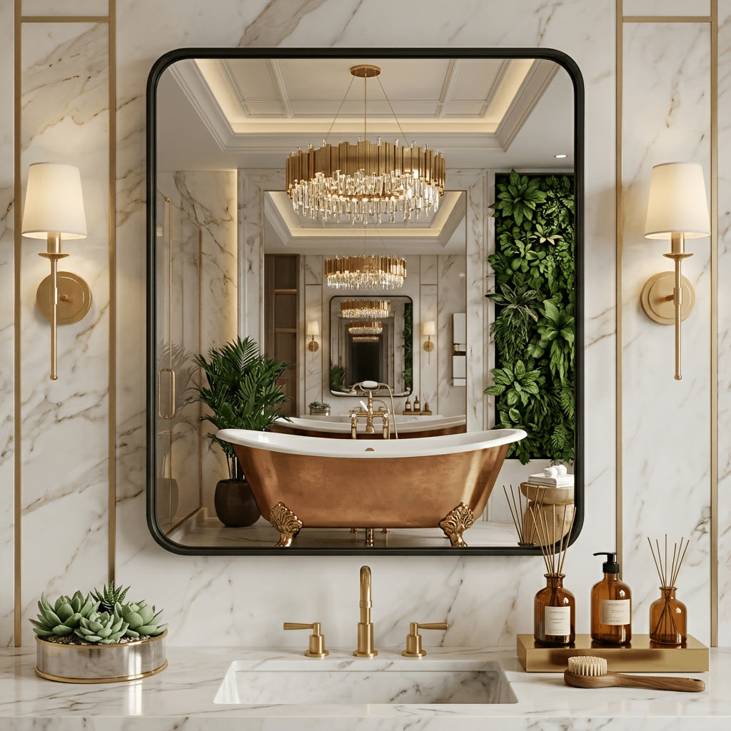 Metal Framed Rounded Rectangle Wall Mirror for Bathroom – Over Sink, Horizontal or Vertical Hanging, Modern Farmhouse Decor, Matte Black, Gold & Silver, Multiple Sizes 16x20 to 36x48 In