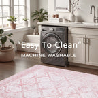 Vintage Retro Area Rug Pink Machine Washable Non-Slip Low Pile for Living Room, Bedroom & Dining – Lightweight Indoor Carpet, 4 Sizes