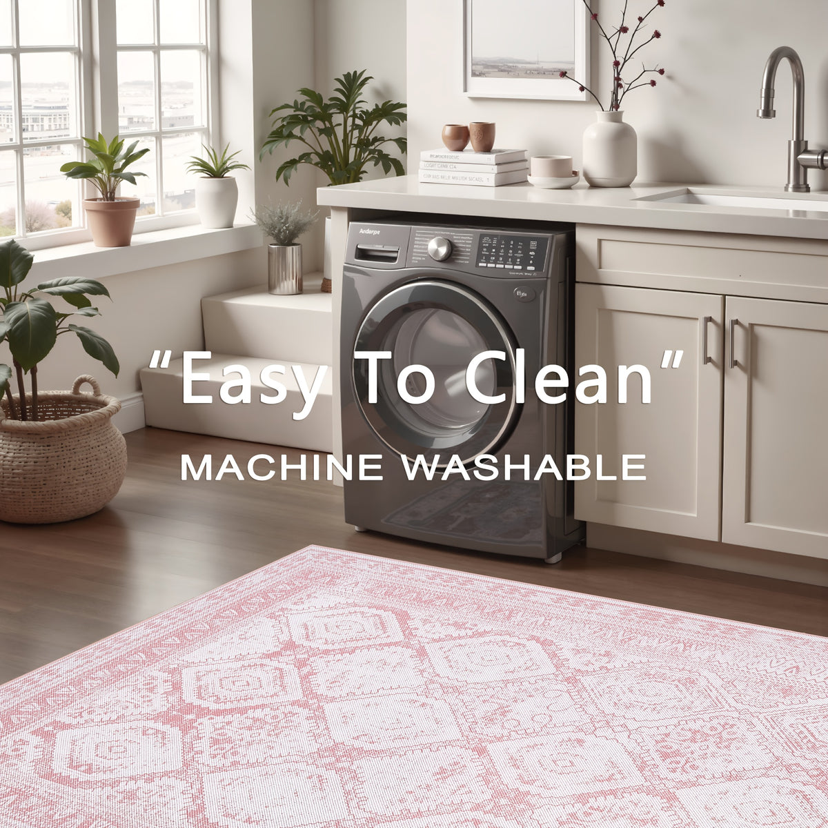 Vintage Retro Area Rug Pink Machine Washable Non-Slip Low Pile for Living Room, Bedroom & Dining – Lightweight Indoor Carpet, 4 Sizes