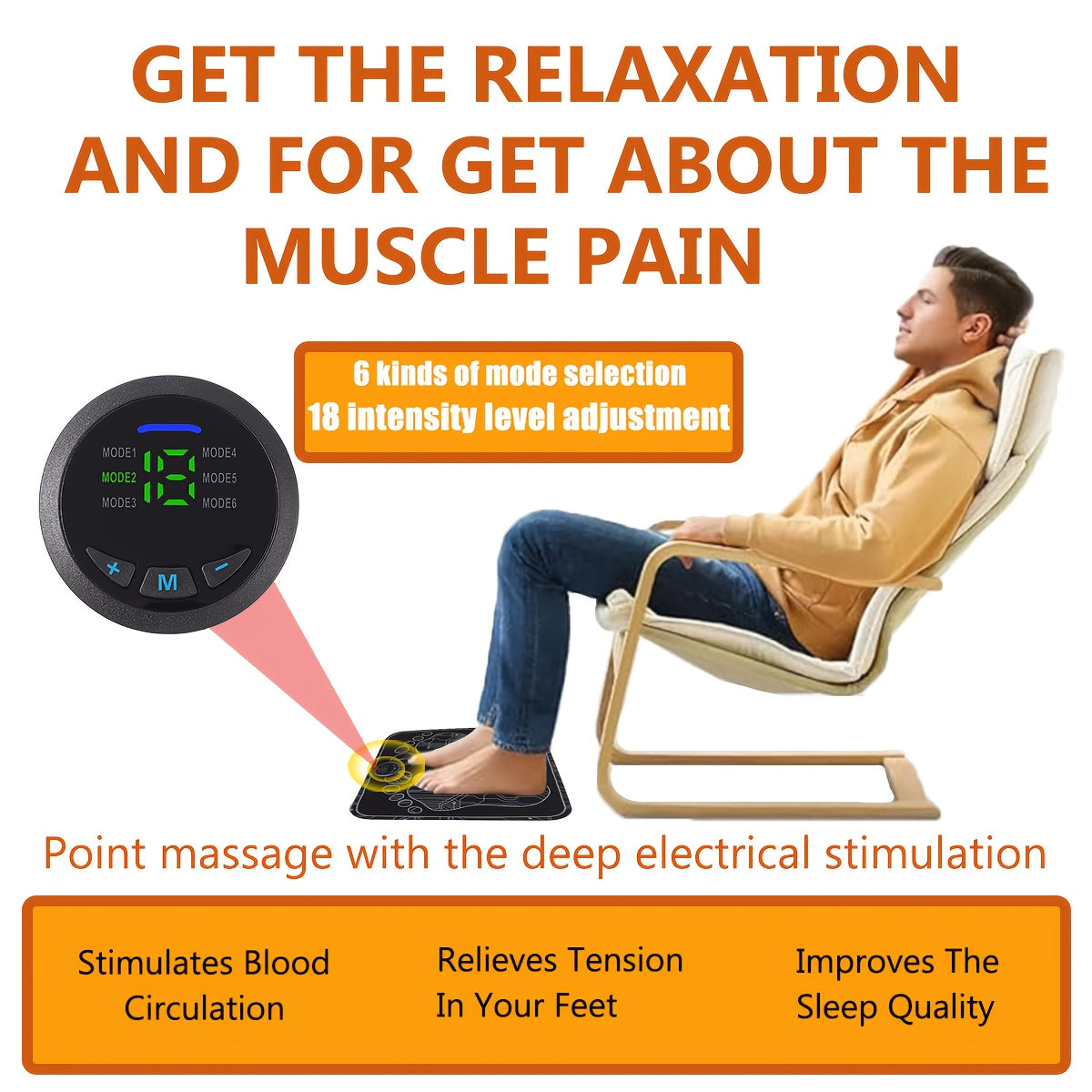EMS & TENS Foot Neuromuscular Massager, Electric Foot & Leg Stimulator for Blood Circulation Improvement, Adjustable Modes & Intensity Levels, USB Rechargeable, Neuropathy & Fatigue Relief for Men & Women