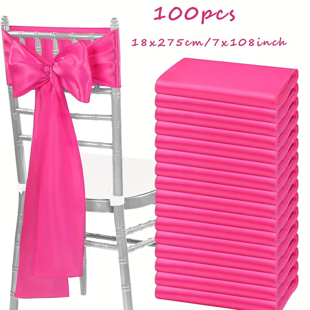 Satin Chair Bow Ribbons 100-Pack – 7×108 Inch Universal Streamer for Wedding Reception Banquet Party Hotel Christmas Decor, 15 Colors