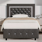 Upholstered Bed Frame with Diamond Tufted Headboard & Footboard – Faux Leather, Wooden Slats, No Box Spring Needed | Twin Full Queen King