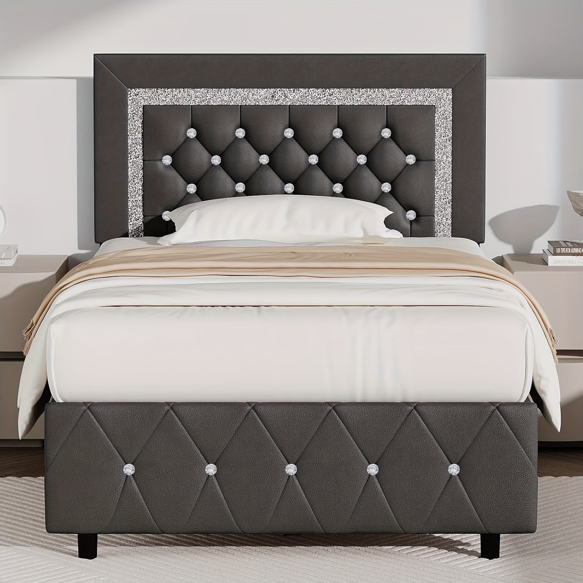 Upholstered Bed Frame with Diamond Tufted Headboard & Footboard – Faux Leather, Wooden Slats, No Box Spring Needed | Twin Full Queen King
